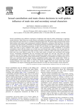 Sexual Cannibalism and Mate Choice Decisions in Wolf Spiders: Inﬂuence of Male Size and Secondary Sexual Characters