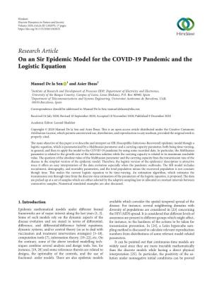 Research Article on an Sir Epidemic Model for the COVID-19 Pandemic and the Logistic Equation