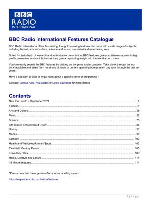 BBC Radio International Features Catalogue Contents