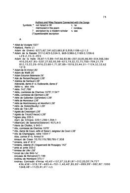 Authors and Other Persons Connected with the Songs Symbols: * Not Listed in SR L Lai , Mentioned in the Poem R Rondeau 7 Aseription by a Modern Seholar S