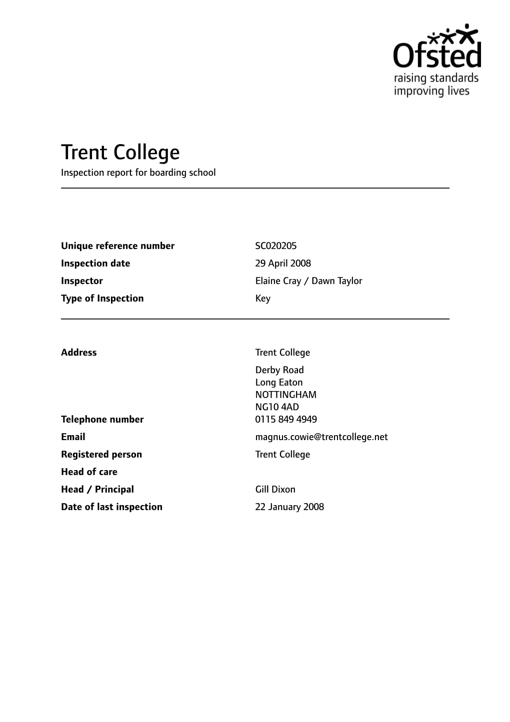 Trent College Inspection Report for Boarding School