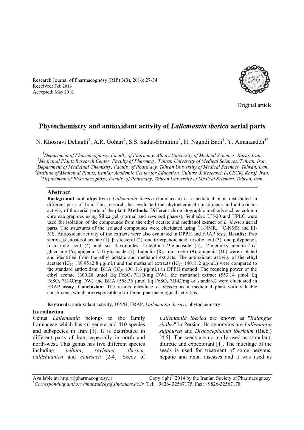 Phytochemistry and Antioxidant Activity of Lallemantia Iberica Aerial Parts