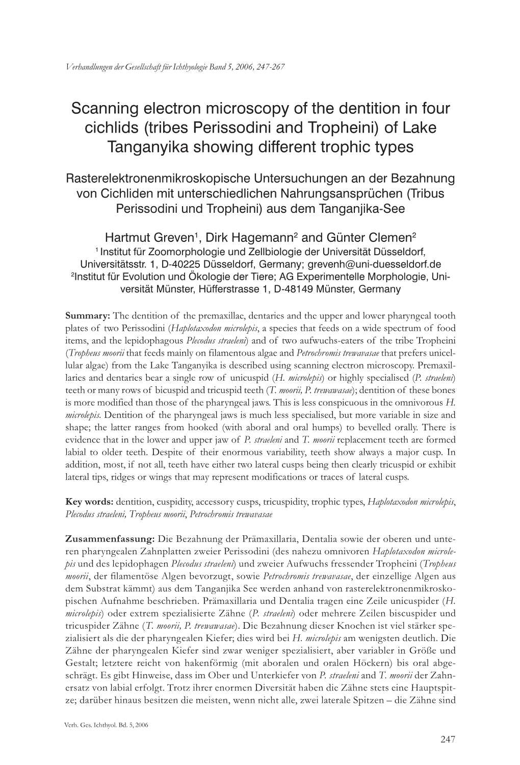 Scanning Electron Microscopy of the Dentition in Four Cichlids (Tribes Perissodini and Tropheini) of Lake Tanganyika Showing Different Trophic Types