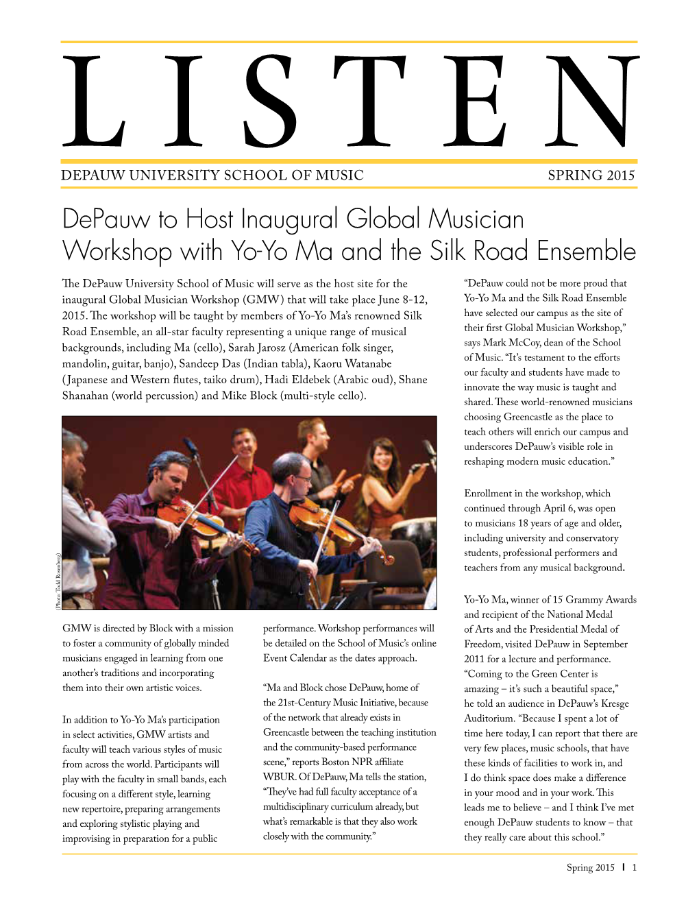 Depauw to Host Inaugural Global Musician Workshop with Yo-Yo Ma and the Silk Road Ensemble