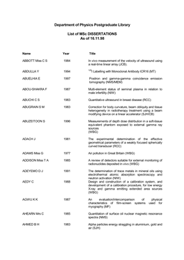 Department of Physics Postgraduate Library List of Msc