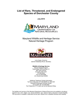 List of Rare, Threatened, and Endangered Species of Dorchester County