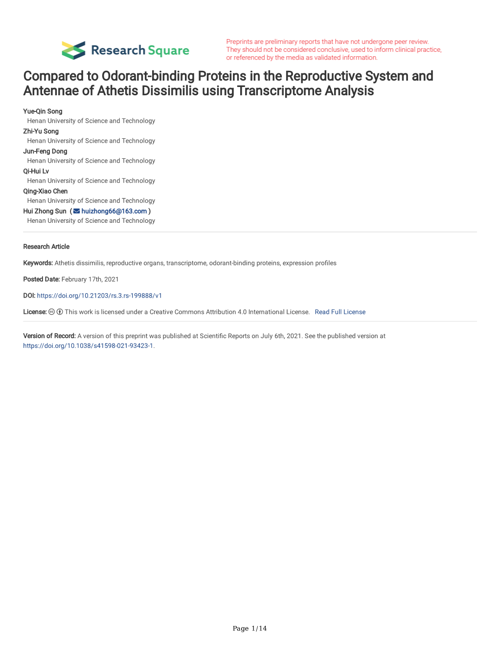 Compared to Odorant-Binding Proteins in the Reproductive System and Antennae of Athetis Dissimilis Using Transcriptome Analysis