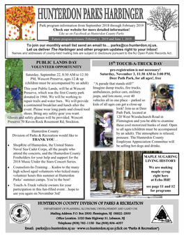 Hunterdon County Parks Future Program Releases: February 1, 2019 and June 1, 2019 to Join Our Monthly Email List Send an Email To… Parks@Co.Hunterdon.Nj.Us