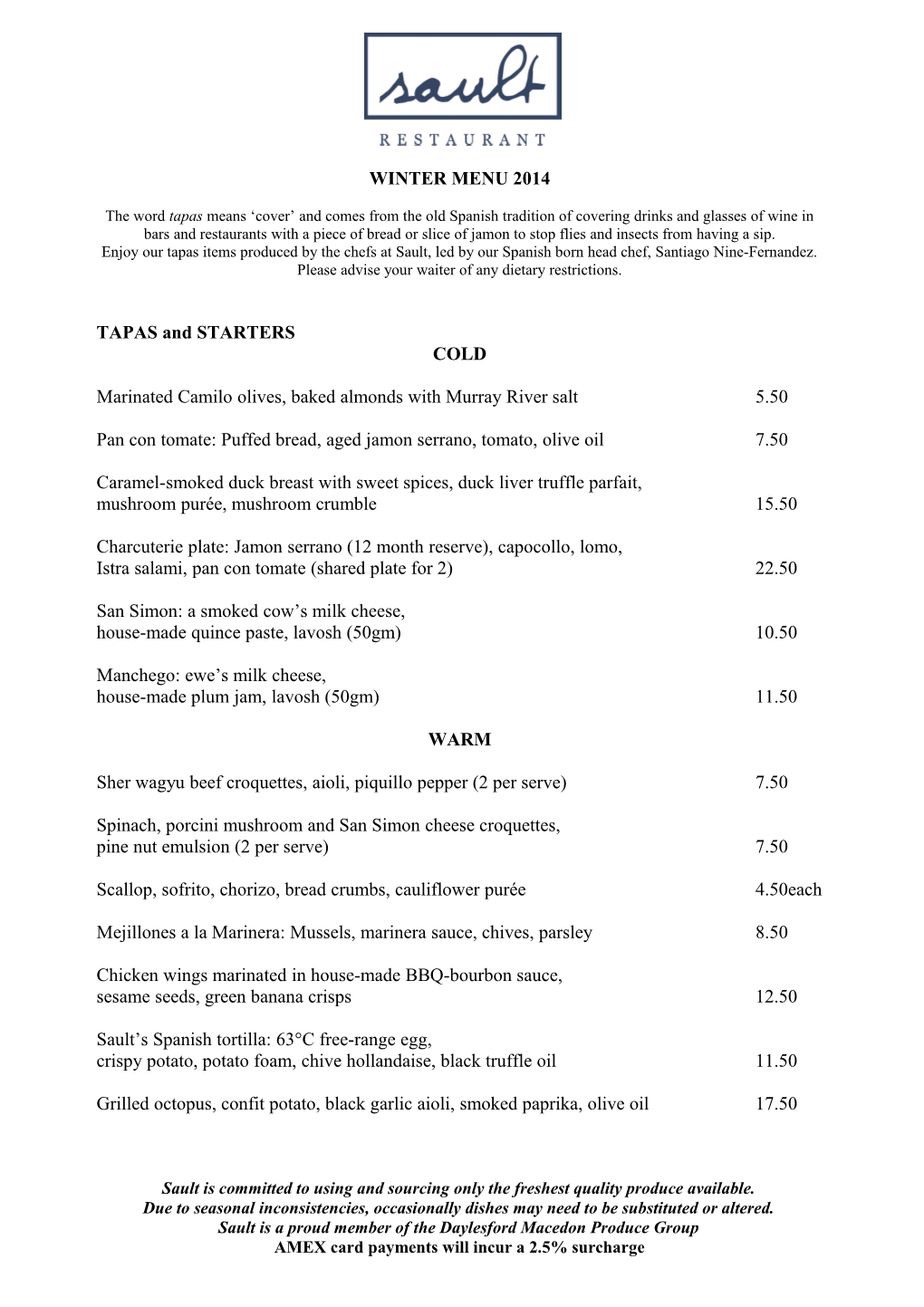 WINTER MENU 2014 TAPAS and STARTERS