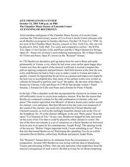 LIVE from LINCOLN CENTER October 14, 2001 5:00 P.M. on PBS the Chamber Music Society of Linconln Center an EVENING of BEETHOVEN