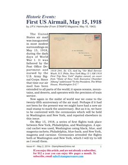 First US Airmail, May 15, 1918 by J.P.V
