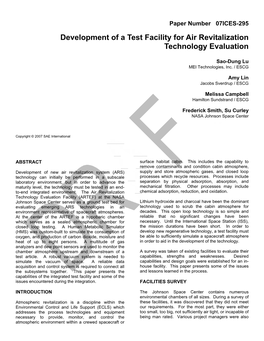 Paper Number 07ICES-295 Development of a Test Facility for Air Revitalization Technology Evaluation