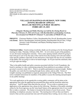 Village of Hastings-On-Hudson, New York Zoning Board of Appeals Regular Meeting & Public Hearing February 25, 2021