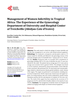 Management of Women Infertility in Tropical Africa: the Experience of the Gynecology Department of University and Hospital Center of Treichville (Abidjan-Cote D'ivoire)