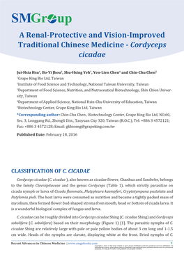A Renal-Protective and Vision-Improved Traditional Chinese Medicine - Cordyceps Cicadae
