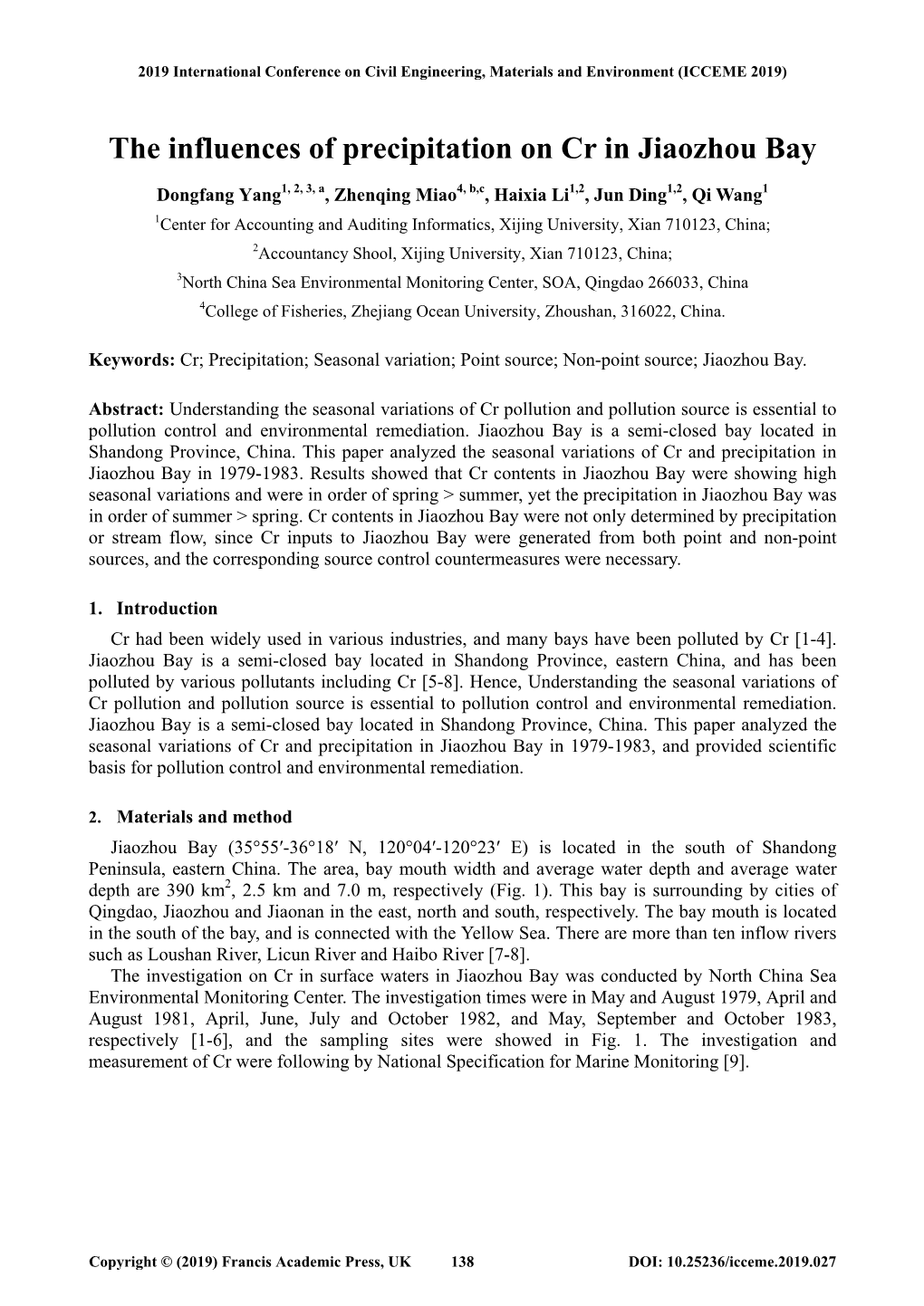 The Influences of Precipitation on Cr in Jiaozhou Bay