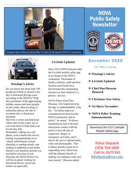 December 2020 in This Issue Since 2014, NOVA Has Provided the Livesafe Mobile Safety App  Penelope’S Advice at No Charge to the NOVA Community