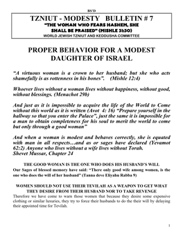 Tzniut - Modesty Bulletin # 7 ≈The Woman Who Fears Hashem, She Shall Be Praised∆ (Mishle 31:30) World Jewish Tzniut and Keddusha Committee