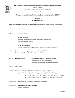 14Th Community-Based Monitoring System (CBMS) Philippines National Conference March 5-7, 2018 Monet Ballroom, Novotel Manila Araneta Center Quezon City