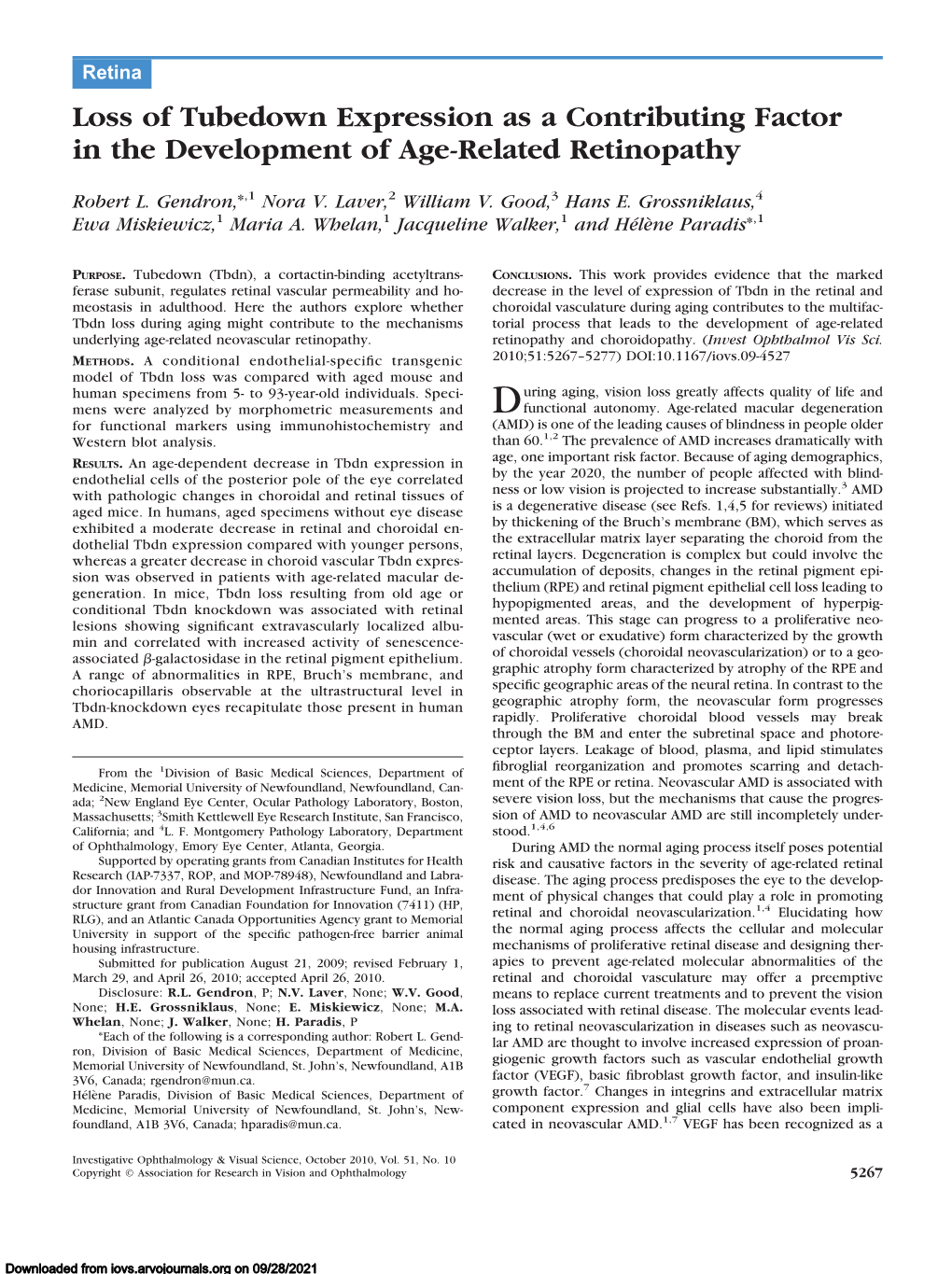 Loss of Tubedown Expression As a Contributing Factor in the Development of Age-Related Retinopathy