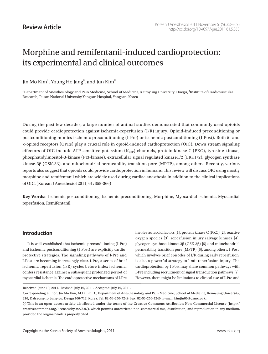 Morphine and Remifentanil-Induced Cardioprotection: Its Experimental and Clinical Outcomes