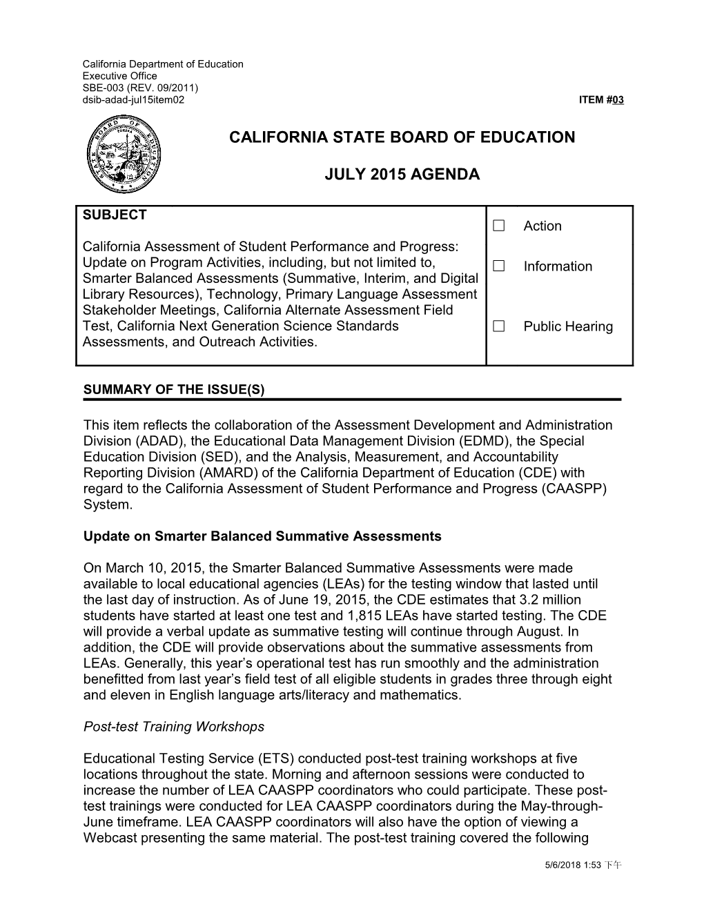 July 2015 Agenda Item 03 - Meeting Agendas (CA State Board of Education)