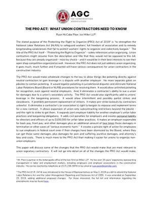 THE PRO ACT: WHAT UNION CONTRACTORS NEED to KNOW Ryan Mccabe Poor, Ice Miller LLP1
