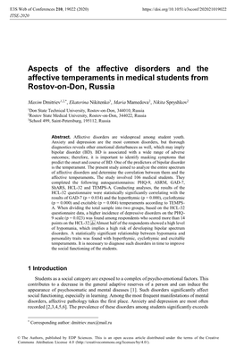 Aspects of the Affective Disorders and the Affective Temperaments in Medical Students from Rostov-On-Don, Russia