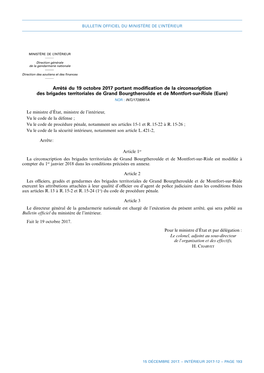 Arrêté Du 19 Octobre 2017 Portant Modification De La Circonscription Des Brigades Territoriales De Grand Bourgtheroulde Et