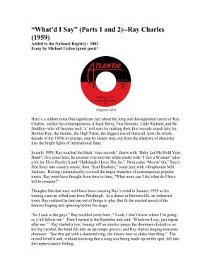 “What'd I Say” (Parts 1 and 2)--Ray Charles (1959) Added to the National Registry: 2002 Essay by Michael Lydon (Guest Post)*