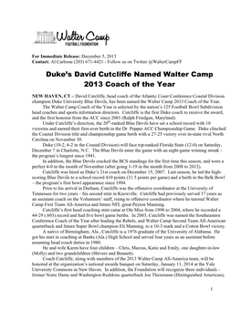 David Cutcliffe Named Walter Camp 2013 Coach of the Year