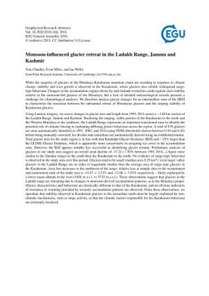 Monsoon-Influenced Glacier Retreat in the Ladakh Range, Jammu And