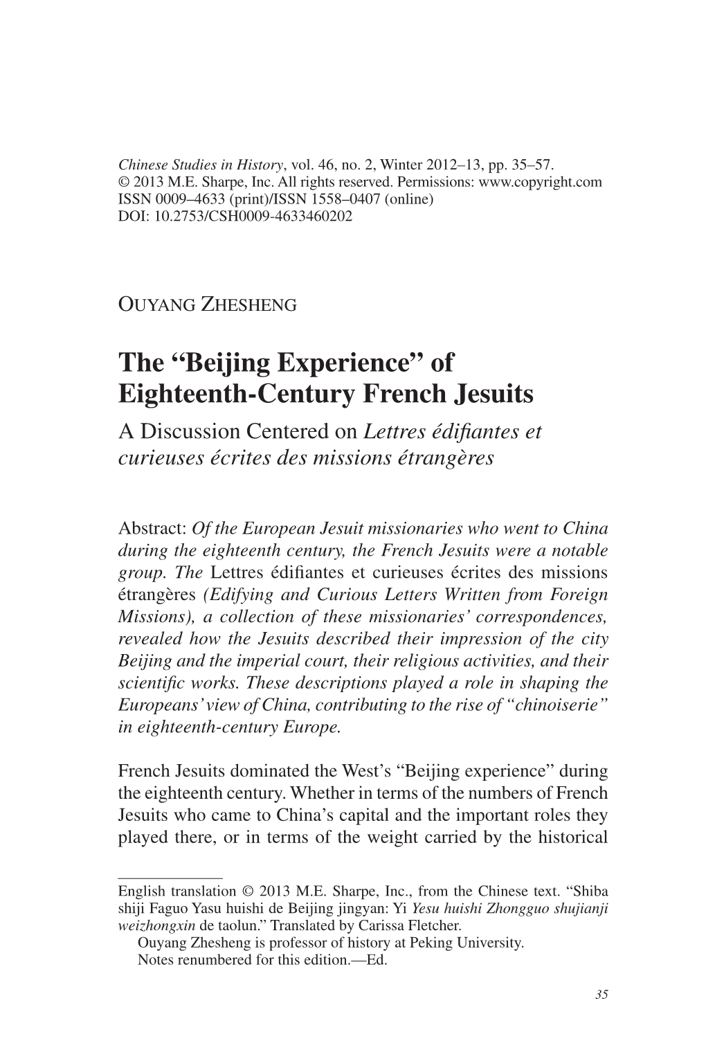 The “Beijing Experience” of Eighteenth-Century French Jesuits a Discussion Centered on Lettres Édifiantes Et Curieuses Écrites Des Missions Étrangères