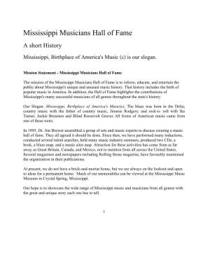 Mississippi Musicians Hall of Fame a Short History