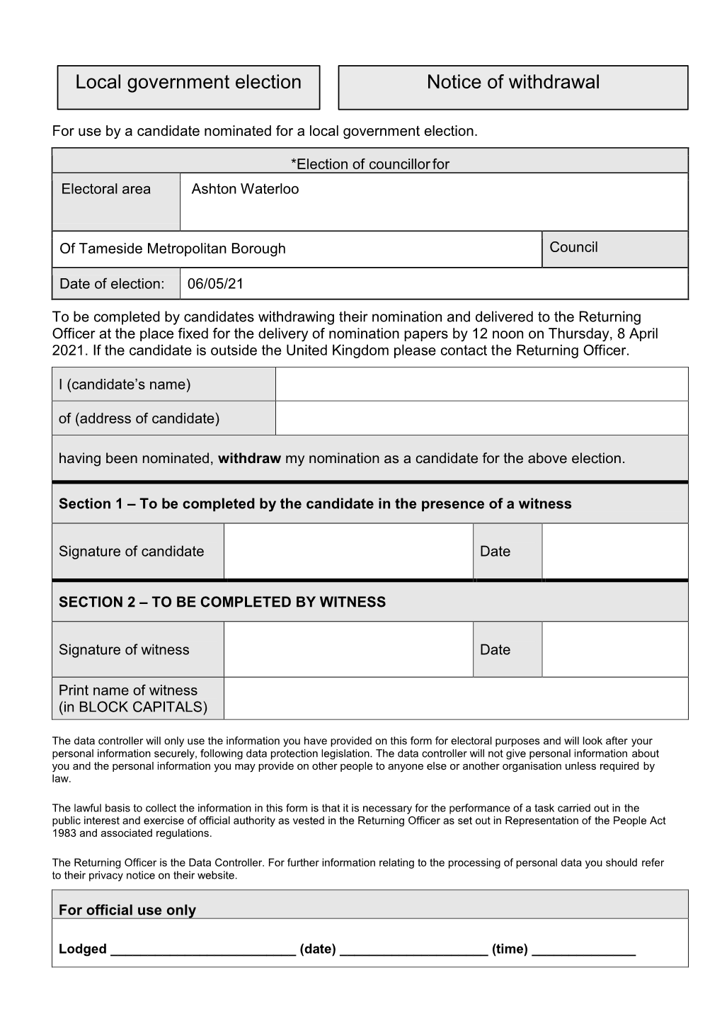 Notice of Withdrawal Local Government Election