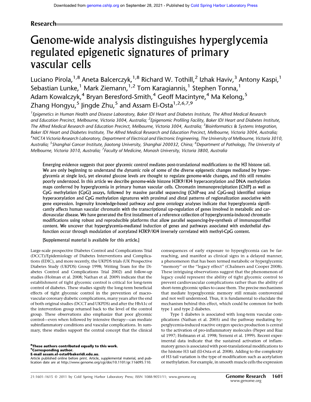 Genome-Wide Analysis Distinguishes Hyperglycemia Regulated Epigenetic Signatures of Primary Vascular Cells