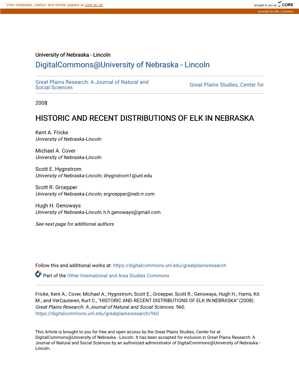Historic and Recent Distributions of Elk in Nebraska