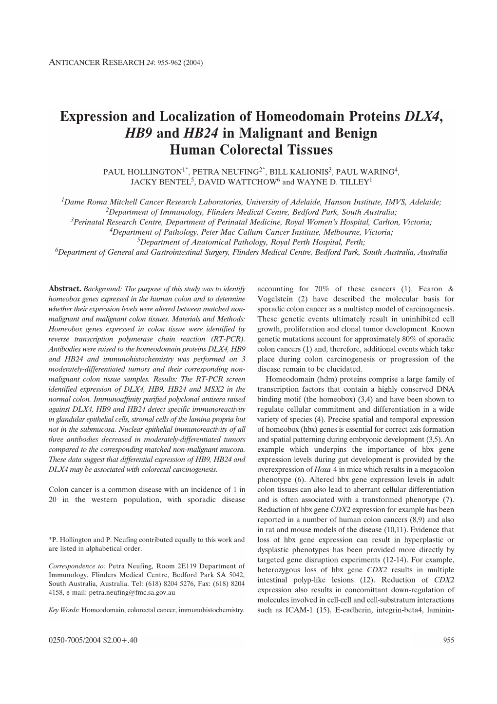 Expression and Localization of Homeodomain Proteins DLX4, HB9 and HB24 in Malignant and Benign Human Colorectal Tissues