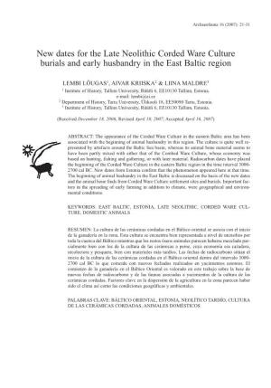 New Dates for the Late Neolithic Corded Ware Culture Burials and Early Husbandry in the East Baltic Region
