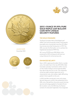 2015 1-Ounce 99.99% Pure Gold Maple Leaf Bullion Coin with Unique Security Features