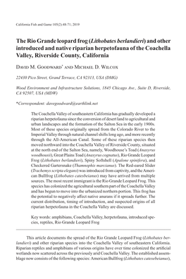 The Rio Grande Leopard Frog (Lithobates Berlandieri) and Other Introduced and Native Riparian Herpetofauna of the Coachella Valley, Riverside County, California