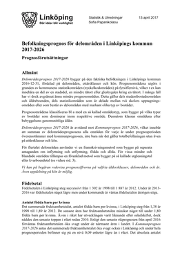 Befolkningsprognos För Delområden I Linköpings Kommun 2017-2026 Prognosförutsättningar
