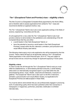 Tier 1 Exceptional Talent and Promise Eligibility Criteria
