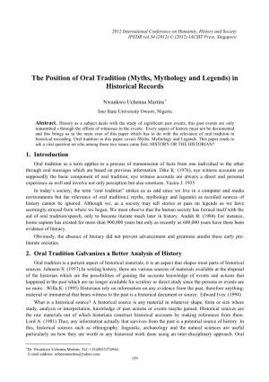 The Position of Oral Tradition (Myths, Mythology and Legends) in Historical Records