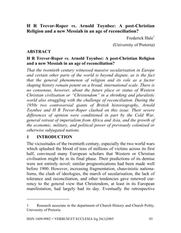 H R Trevor-Roper Vs. Arnold Toynbee: a Post-Christian Religion