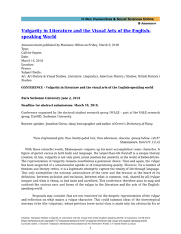 Vulgarity in Literature and the Visual Arts of the English- Speaking World