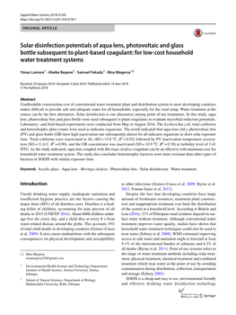 Solar Disinfection Potentials of Aqua Lens, Photovoltaic and Glass Bottle Subsequent to Plant‑Based Coagulant: for Low‑Cost Household Water Treatment Systems