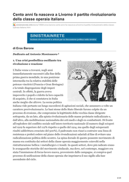 Cento Anni Fa Nasceva a Livorno Il Partito Rivoluzionario Della Classe Operaia Italiana