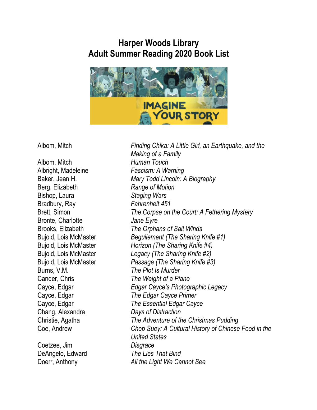 Adult Summer Reading Book List