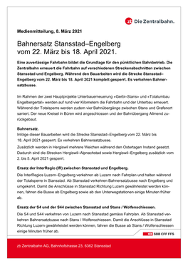 Bahnersatz Stansstad–Engelberg Vom 22. März Bis 18. April 2021